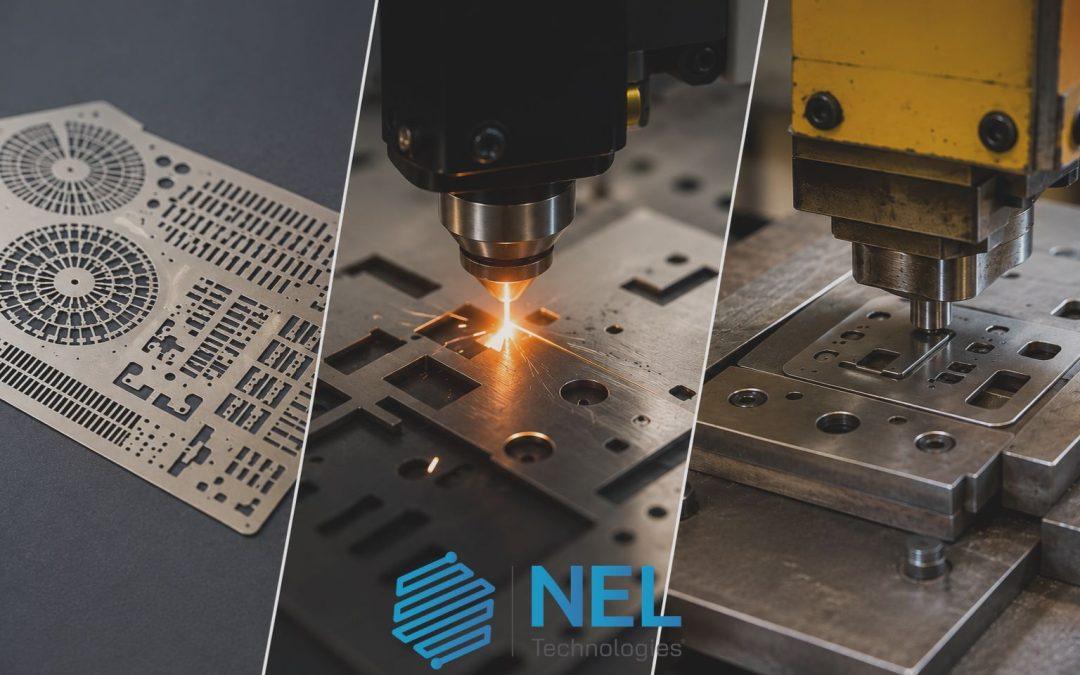 Industrial metal machining comparison showing chemical etching, laser cutting and stamping processes.